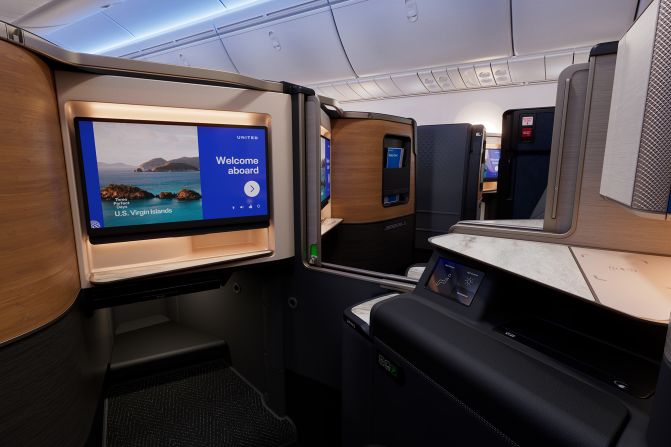<strong>Seat enhancements:</strong> United Polaris features breathable, wool-blend covered seats and four ways to charge devices.