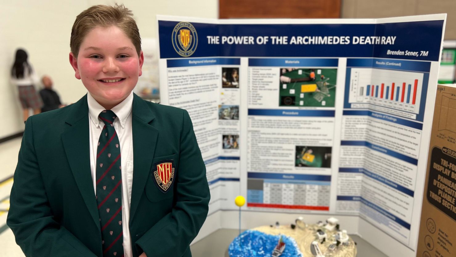 Brenden Sener, 13, of London, Ontario, created a miniature version of Archimedes' death ray for the 2023 Matthews Hall Annual Science Fair.