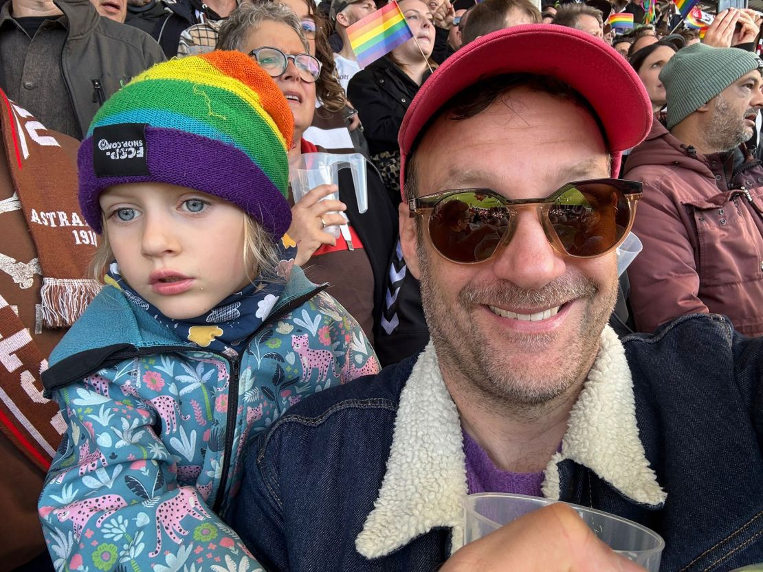 Arturo Blohm attends an FC St. Pauli match with his daughter Hannah in Hamburg, Germany.