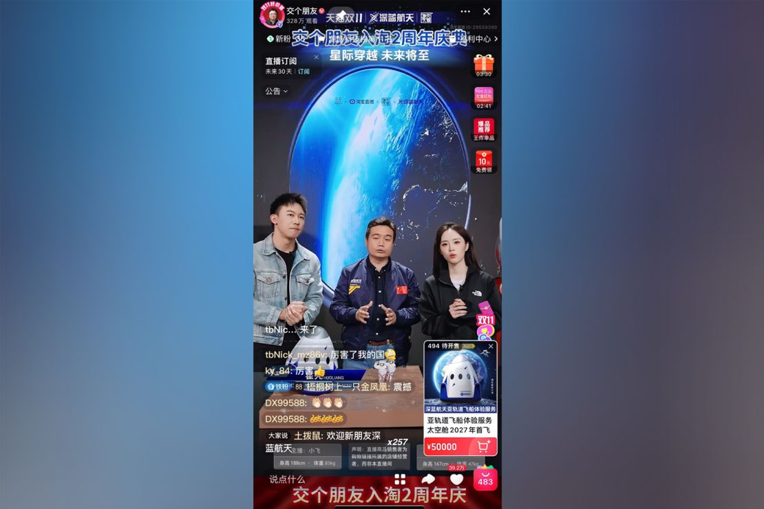 Deep Blue Aerospace CEO Huo Liang (center) sells two tickets for his company's 2027 spaceflight alongside two hosts during a livestream on commerce platform Taobao.