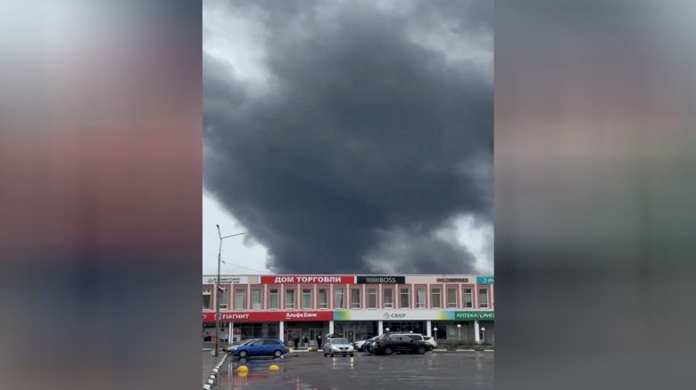 Smoke rises following what local authorities called a Ukrainian drone attack, in the course of Russia-Ukraine conflict, in Olenegorsk of the Murmansk region, Russia, in this still image from social media video released on June 1, 2025.
