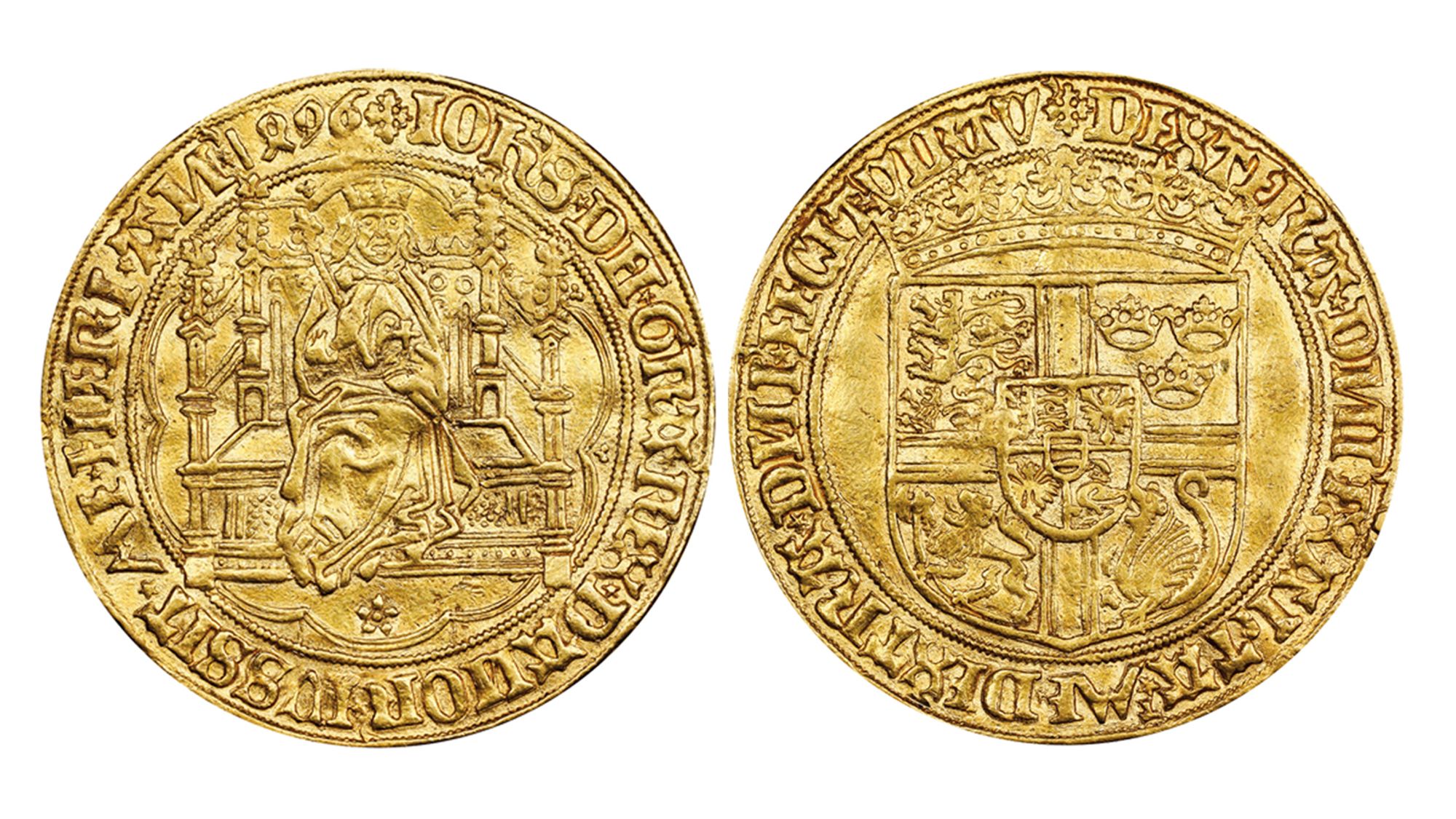 The auction's top lot is a gold coin from the late 15th century featuring a Danish king.