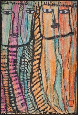 An untitled Sobel work, featuring totemic figured rendered in crayon and gouache on drawing pad paper.