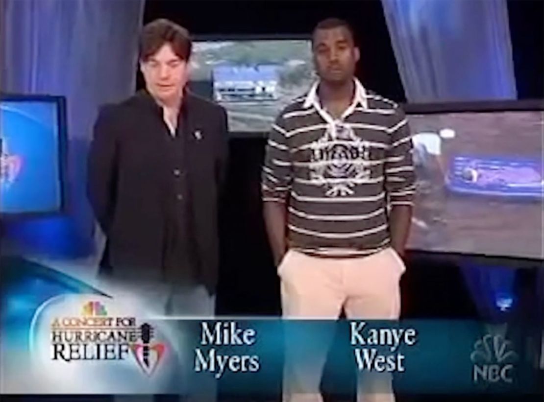 Mike Myers and Kanye West appear during a telethon for Katrina relief.