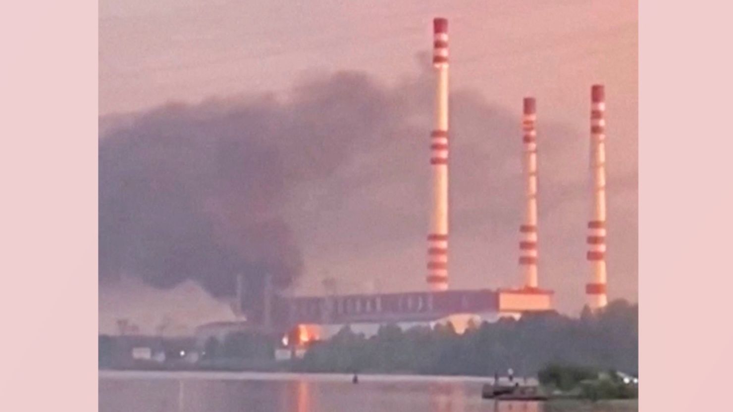 Smoke rises from a fire at Konakovo Power Station In Tver Region, Russia September 1, 2024, in this screengrab from a social media video obtained by Reuters.