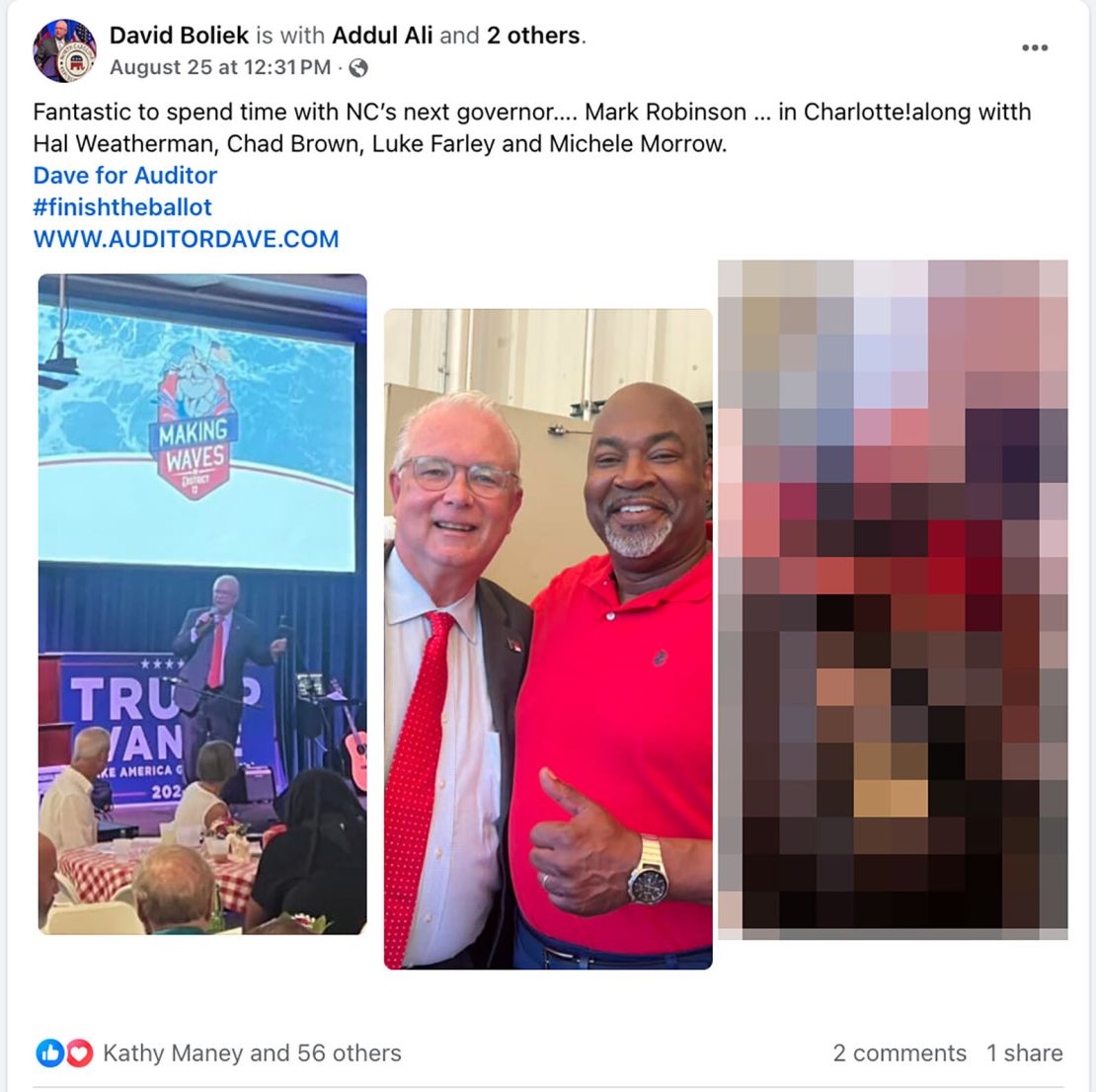 Dave Boliek, who is running for state auditor, deleted a post showing him and Mark Robinson together in August.