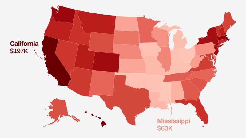 Peta tersebut menunjukkan berapa banyak pendapatan yang Anda perlukan untuk membeli rumah dengan harga rata-rata di negara bagian Anda