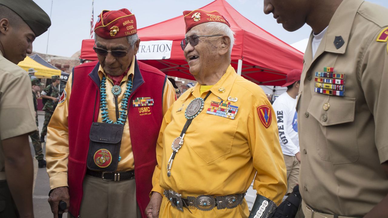 Peter MacDonald (left) and Thomas H. Begay (right) at the Navajo Code Talkers Day parade in 2018. Today, the two men are the last surviving Navajo Code Talkers.
