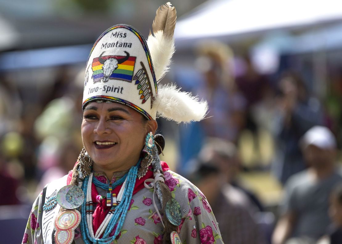 Buffalo Barbie, 2019's Miss Montana Two Spirit, dances at the Native Two Spirit Powwow at South Mountain Community College in Phoenix, Arizona, in March 2019.