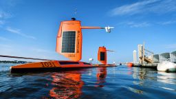 Two Saildrones are docked at a marina in Jacksonville, Florida, before launching into the Atlantic Ocean to monitor hurricanes in July 2021.