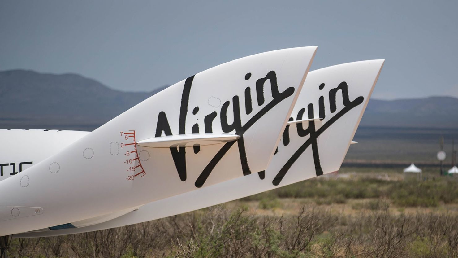 A replica of Virgin Galactic's rocket plane sits at the entrance of Spaceport America in Sierra County, New Mexico, on July 8, 2021.