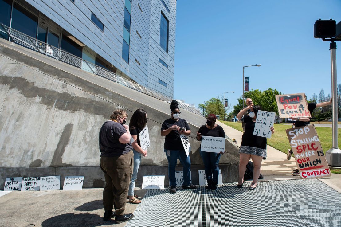 Members of the SPLC union hold a protest over what they said was unfair working conditions outside the Southern Poverty Law Center headquarters in Montgomery, Alabama, in 2022.