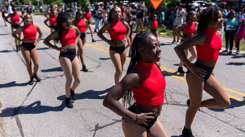 Dancers with the Royal Divas, Saturday, June 18, 2022, at the day’s Juneteenth parade through IUPUI’s campus in Indianapolis.