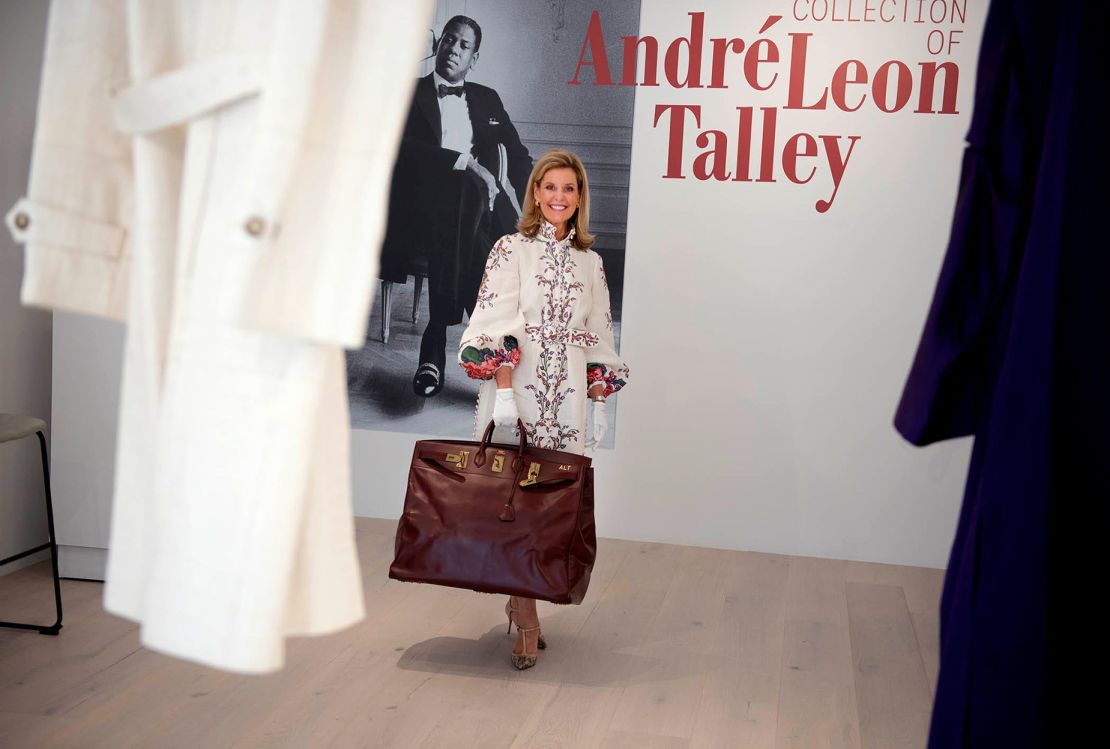 A circa 1990 personalized Hermès Birkin with gold hardware details, from Andre Leon Talley's collection, is show at Christie's in Palm Beach, Florida on January 17, 2023.