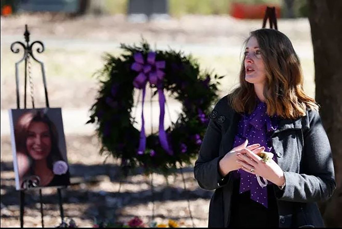 Meredith Schroeder, Tara Baker's sister, speaks at her memorial service the UGA campus on Jan. 20, 2021.