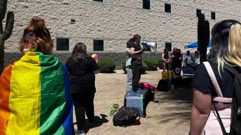Dawn Shim, 17, speaks to students who walked out at Hamilton High School in Chandler. The walkout on Friday, April 14, 2023, was part of Day of Silence, an annual event organized by the national nonprofit GLSEN. The event is intended to "protest the harmful effects of harassment and discrimination of LGBTQ+ people in schools," according to GLSEN.

Dawn Shim at Chandler High Walk Out