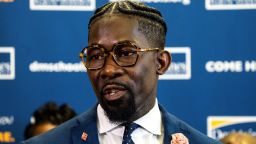 Ian Roberts speaks with the media after being named the new DMPS superintendent during a Des Moines Public Schools board meeting at Central Campus on Tuesday, May 16, 2023, in Des Moines.