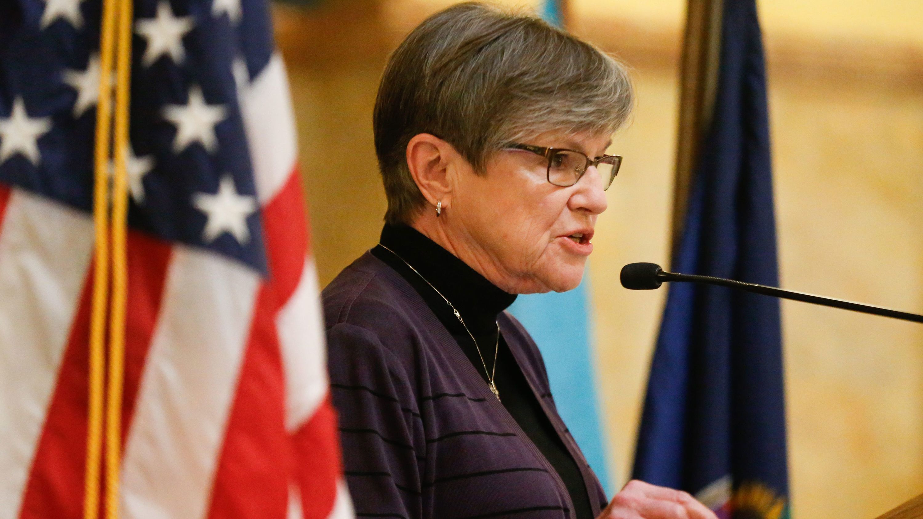 Gov. Laura Kelly discusses the importance of equality during her remarks at the Equality Kansas Advocacy Day rally in the Statehouse rotunda Wednesday, Jan. 31, 2024.