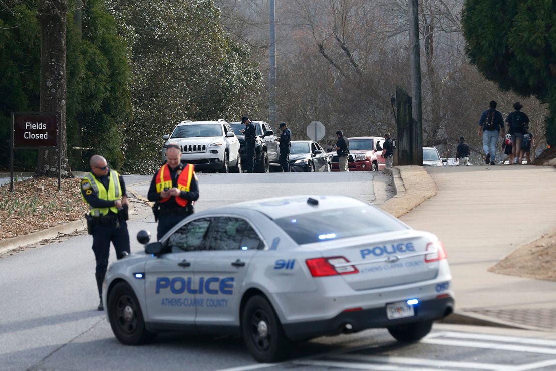 Athens-Clarke County police block traffic and investigate on the intramural campuses of the University of Georgia in Athens on Thursday.