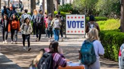 University of Texas Students walk an early voting site in on the campus of University of Texas in February 2020.