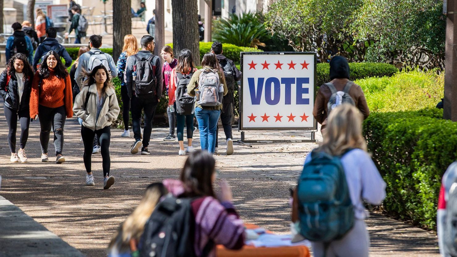 University of Texas Students walk an early voting site in on the campus of University of Texas in February 2020.