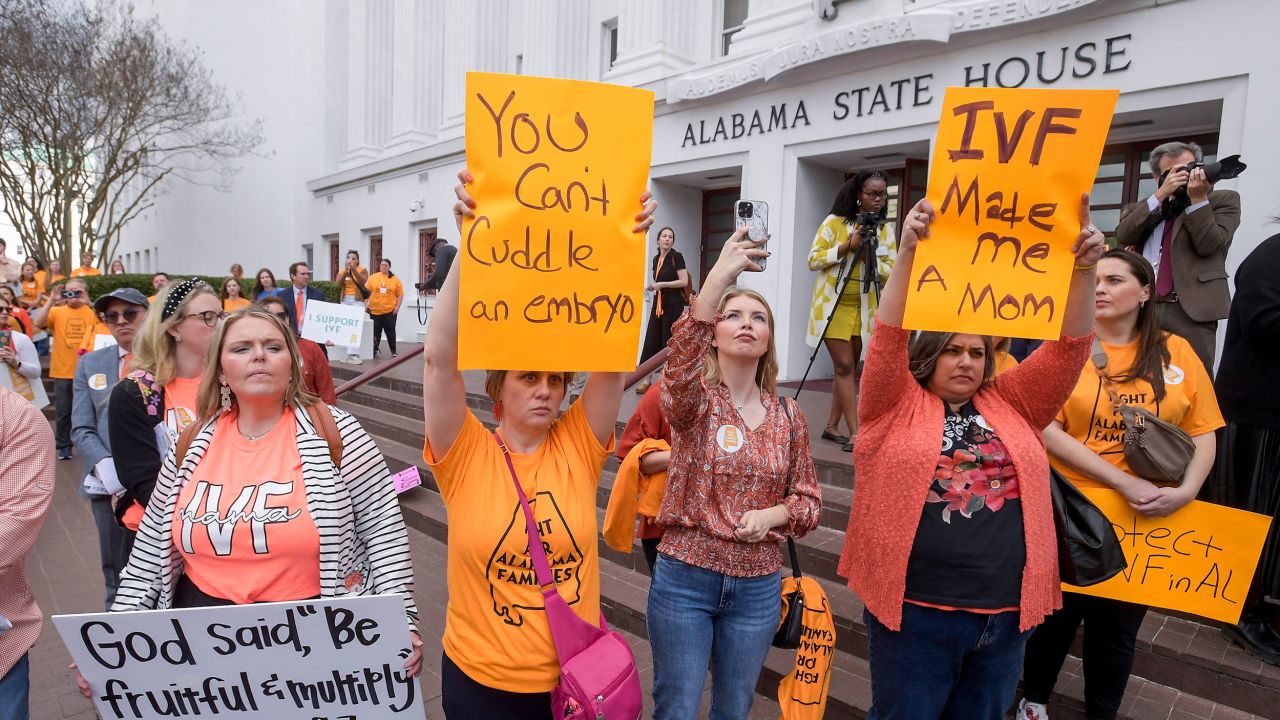 Families concerned with in vitro fertilization legislation gather for a protest rally at the Alabama State House in Montgomery last month.
