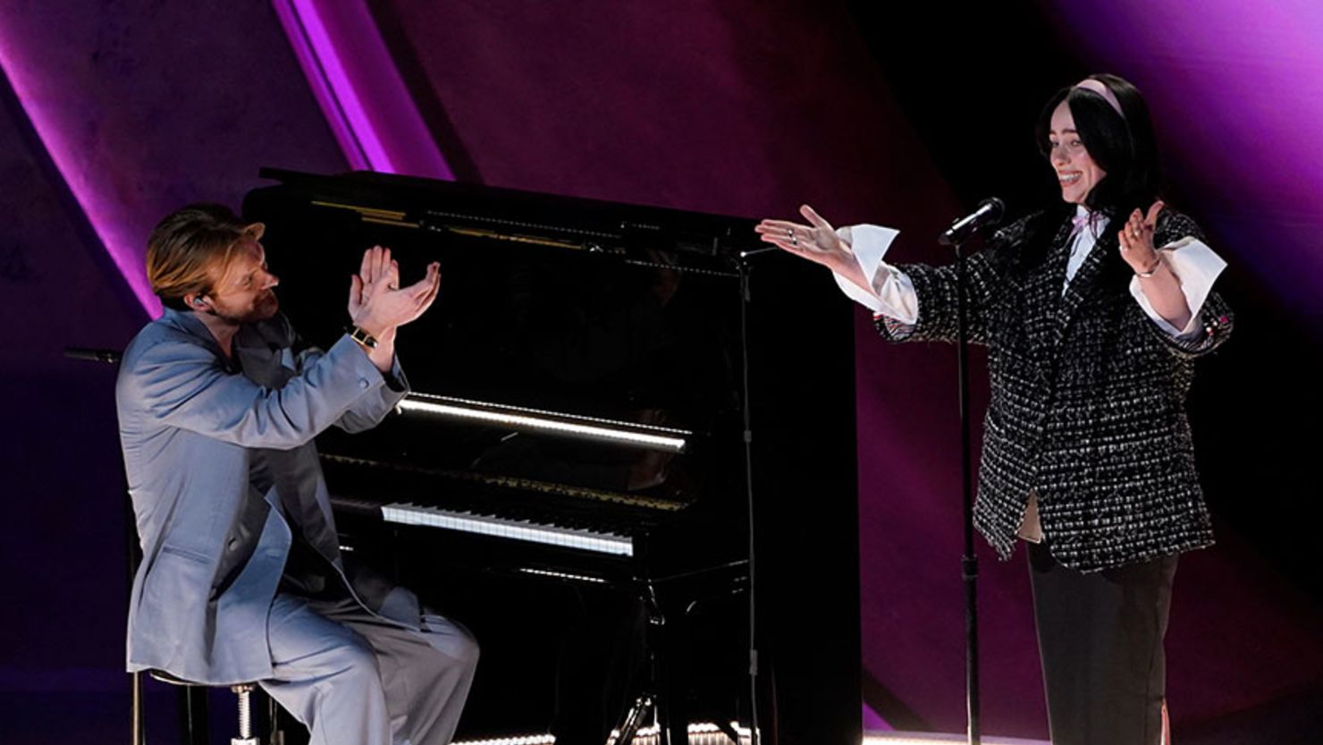 (From left) Finneas O’Connell and Billie Eilish performing at the 2024 Oscars in Hollywood.
