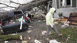 Mar 15, 2024; Lakeview, Ohio, USA; Tyler Schmitt helps clean up his brotherâÃÃ´s home after a tornado struck the Lakeview, Ohio community.