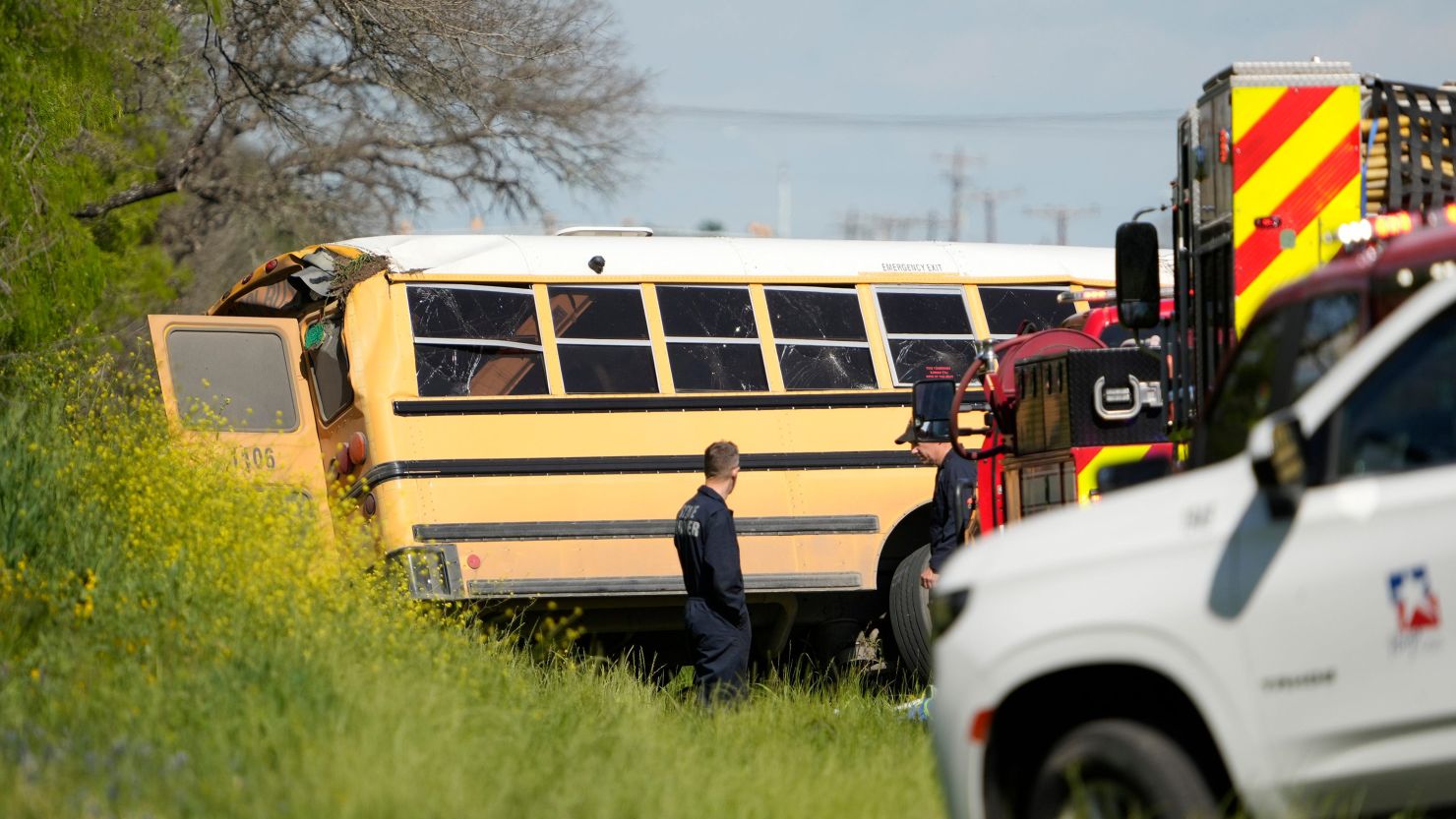 A total of 44 students and 11 adults were aboard a school bus in Texas when it was struck by a concrete truck Friday.