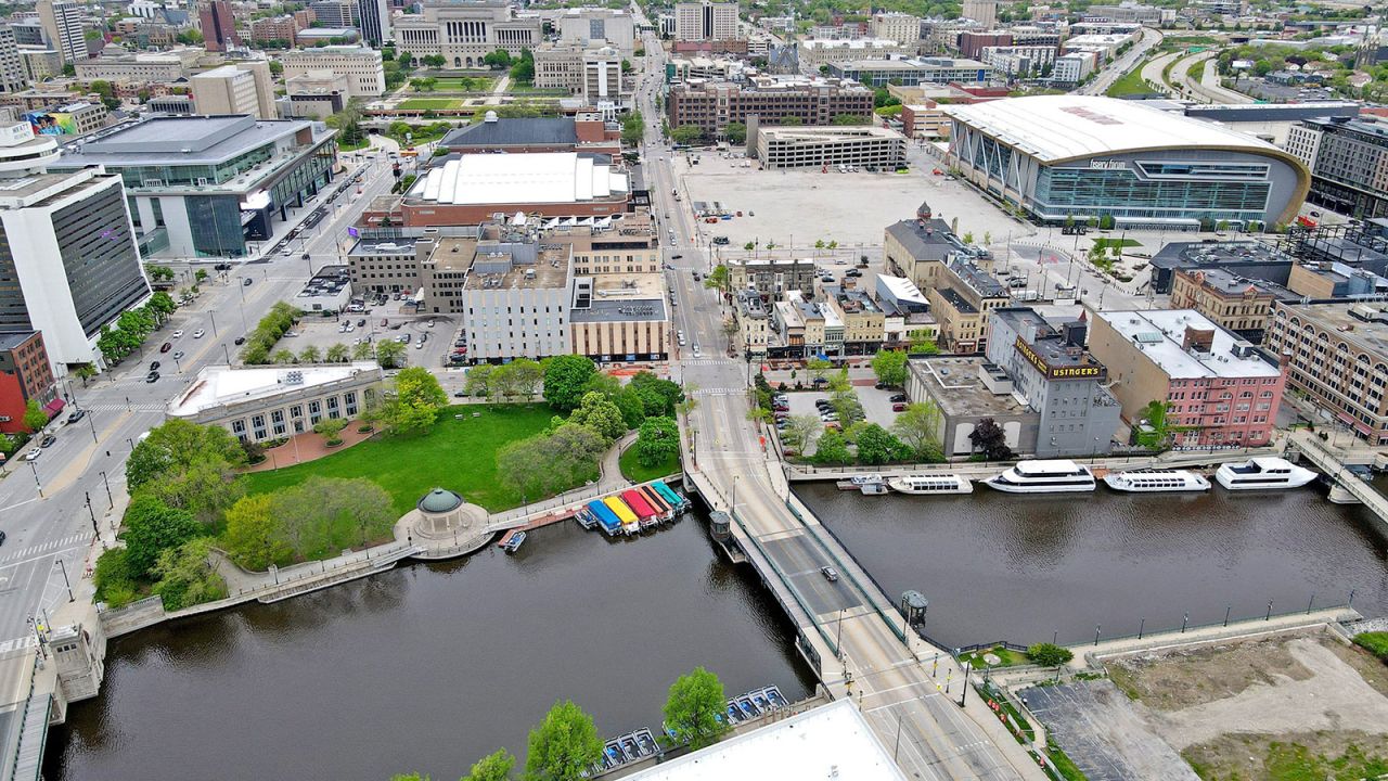 The RNC convention will take place at Fiserv Forum (upper right), the UW-Milwaukee Panther Arena (upper center - white roof) and the Baird Center (upper left) just west of Pere Marquette Park in Milwaukee on Tuesday, May 14, 2024. Last month, GOP officials urged the Secret Service to move protest organizers farther from the downtown venues that will host the RNC than the expected site at Pere Marquette Park on the west side of the Milwaukee River.