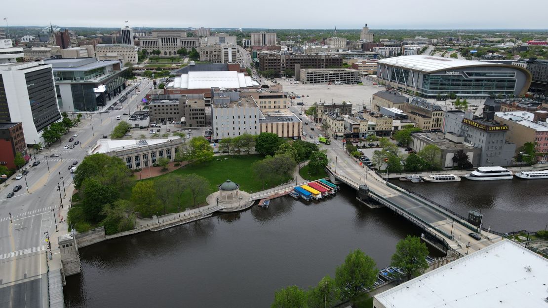 The RNC convention will take place at the Fiserv Forum, upper right, just a few blocks northwest of Pere Marquette Park in Milwaukee, as seen on May 14, 2024.