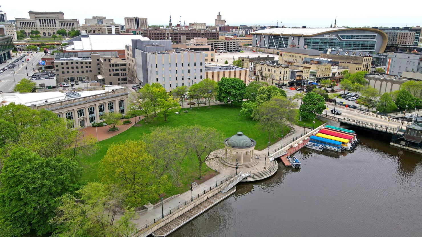 The RNC convention will take place at the Fiserv Forum, upper right, just a few blocks northwest of Pere Marquette Park in Milwaukee, as seen on May 14, 2024.