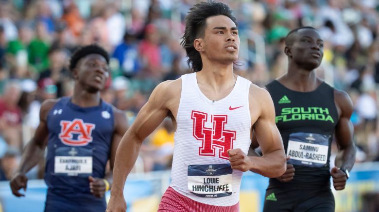 Houston’s Louie Hinchliffe wins the men’s 100 meter dash on day three of the NCAA Outdoor Track & Field Championships Friday, June 7, 2024, at Hayward Field in Eugene, Ore.