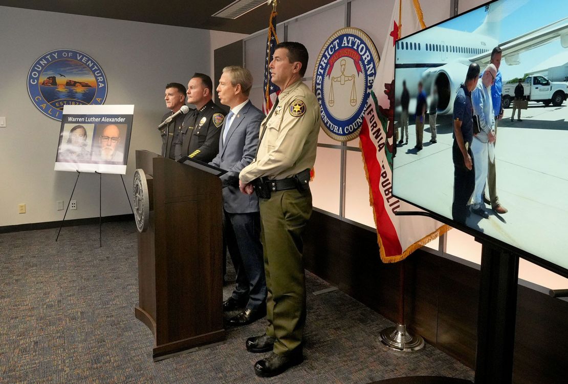 Port Hueneme Police Chief Michael Federico, from left, Oxnard Police Chief Jason Benites, Ventura County District Attorney Erik Nasarenko and Ventura County Sheriff Jim Fryhoff take part in a joint news conference Thursday, Aug. 8, 2024, at the DA's office in Ventura.