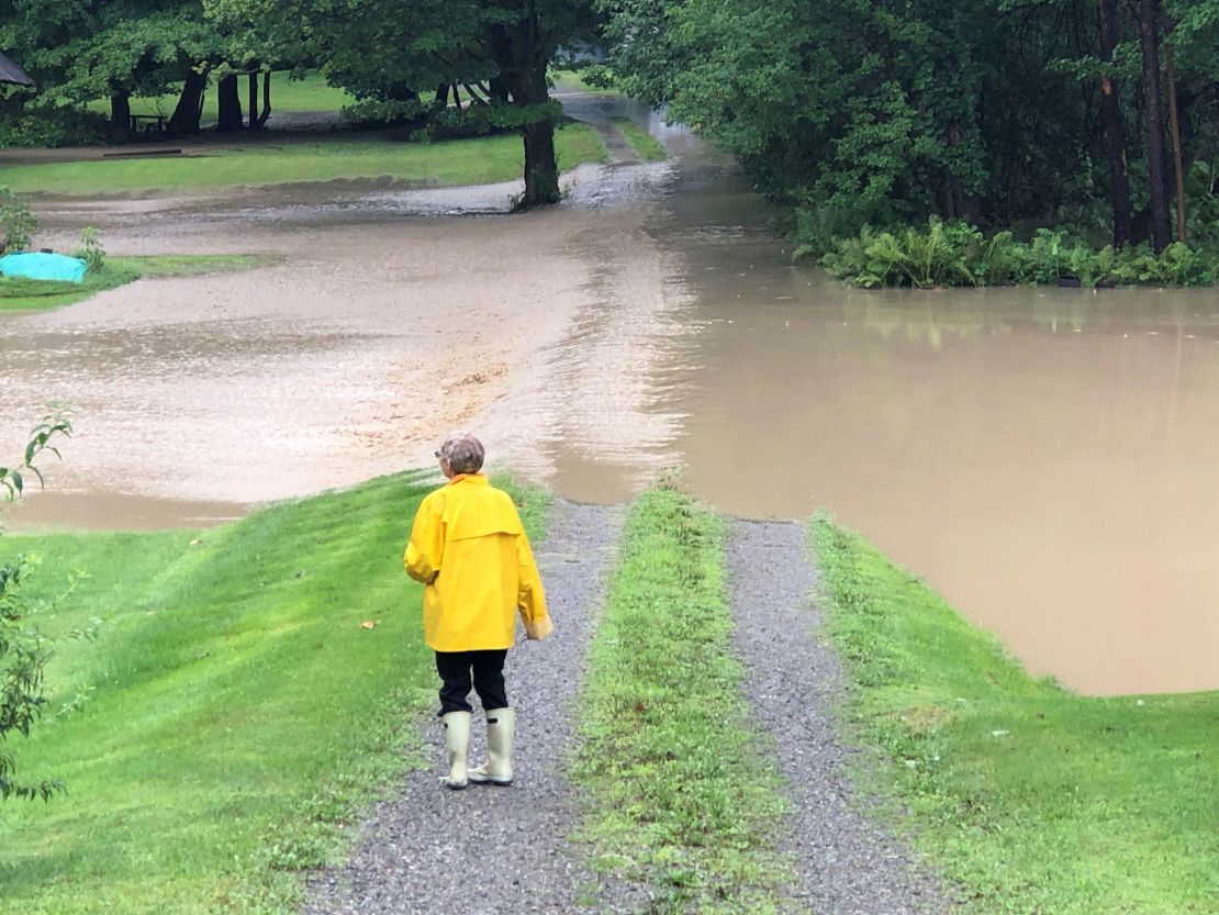 Sally Gardner watches as Naples Creek floodwaters rush into her East Avenue backyard in Naples, New York