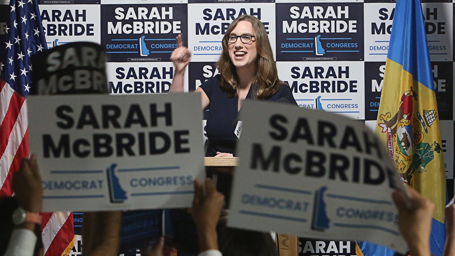 Sarah McBride speaks to supporters after winning the Democratic primary for U.S. House of Representatives on Tuesday September 10, 2024.