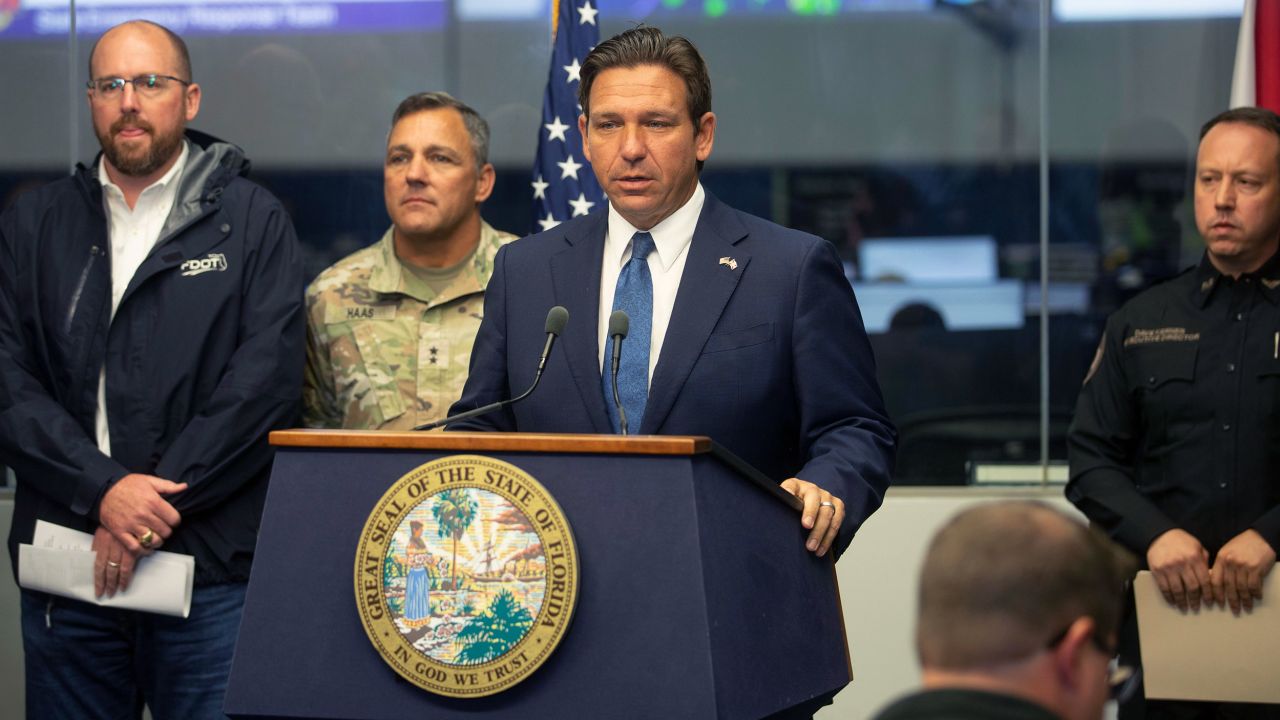 Gov. Ron DeSantis speaks on state preparedness ahead of Hurricane Milton at the Emergency Operations Center in Tallahassee, Florida, on Wednesday.