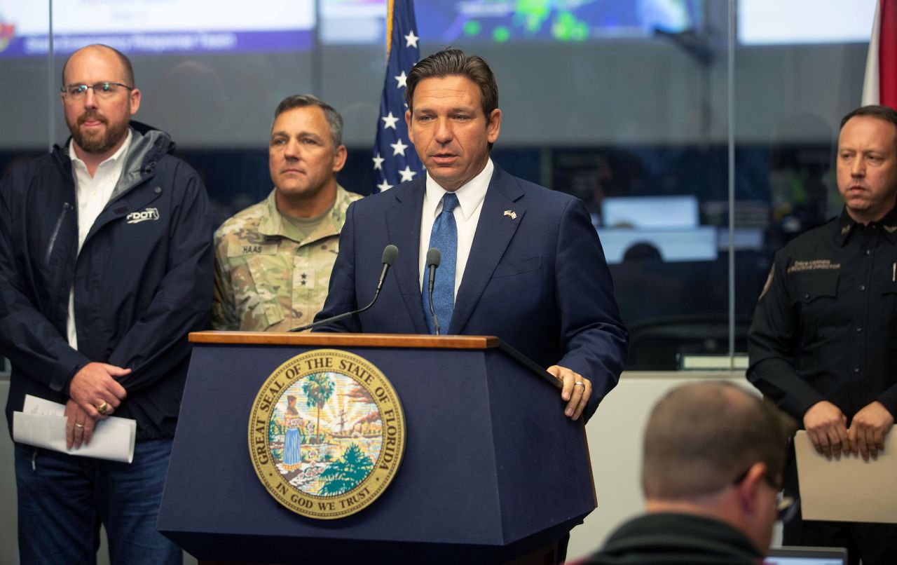 Gov. Ron DeSantis speaks on state preparedness ahead of Hurricane Milton at the Emergency Operations Center in Tallahassee, Florida, on Wednesday.