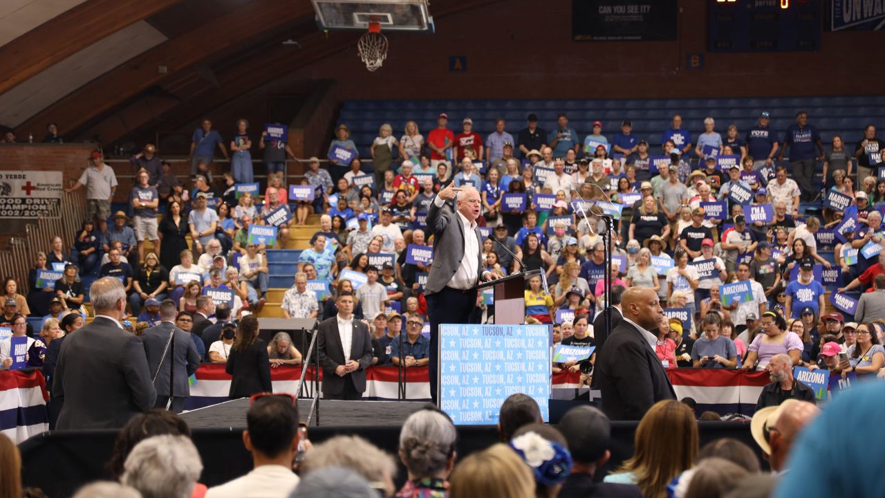 Democratic vice presidential nominee Minnesota Gov. Tim Walz speaks in Tucson, Arizona on October 9, 2024.