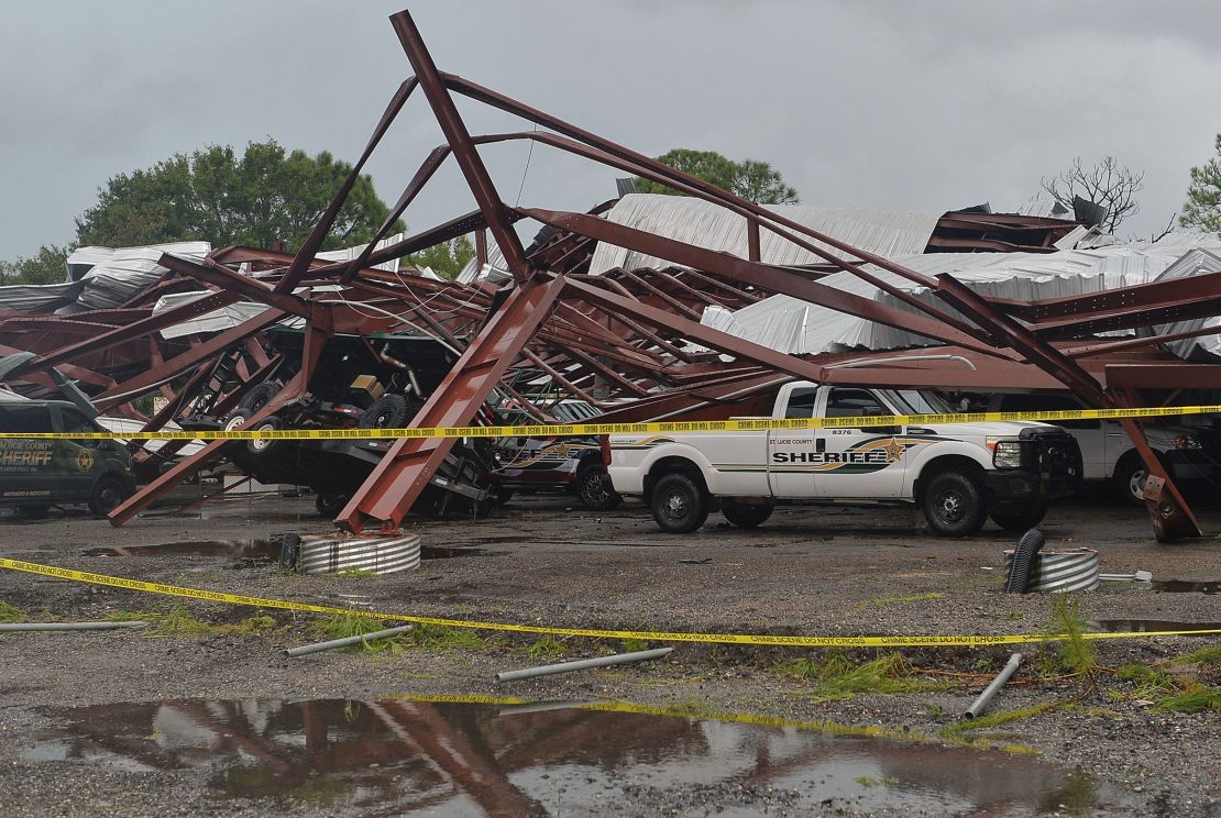 The St. Lucie County Sheriff's Office was damaged in Fort Pierce as Hurricane Milton crossed into Florida. Parts of the building collapsed on a department patrol pickup truck.