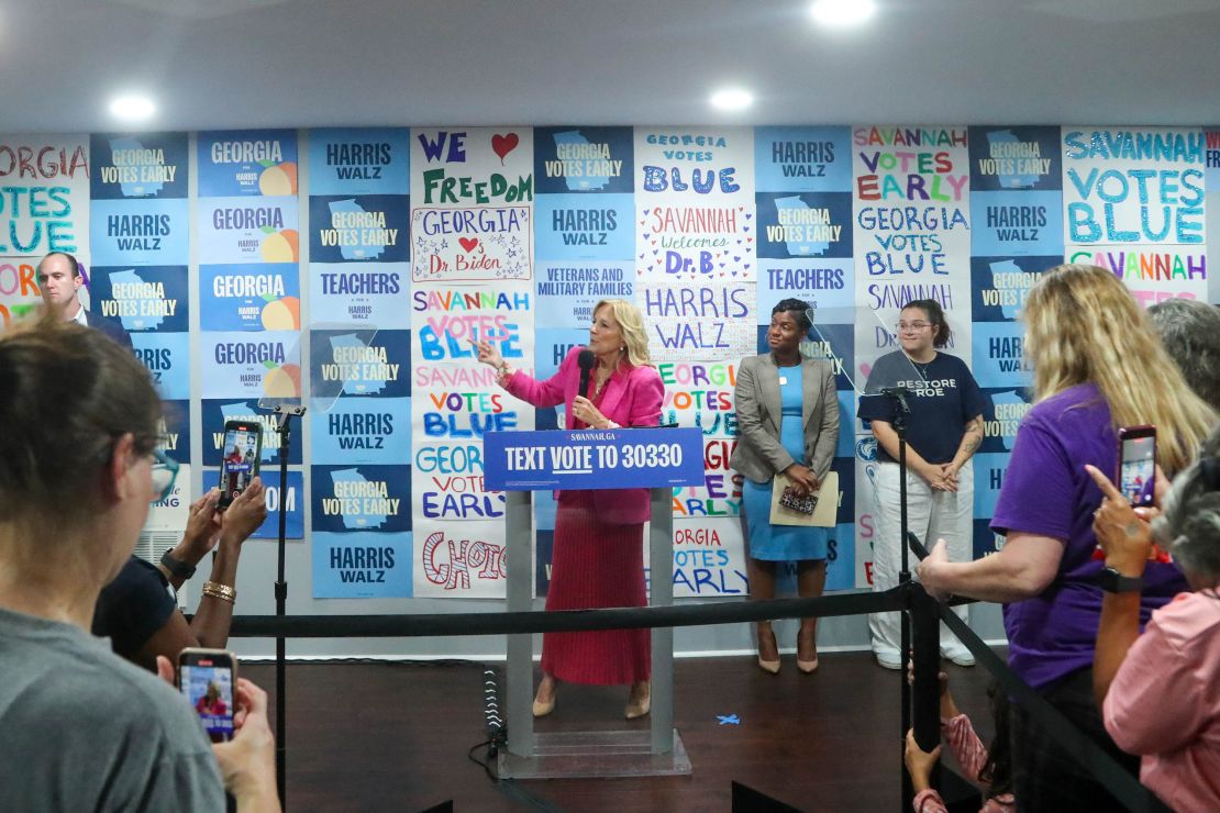 First lady Jill Biden speaks during a campaign event for Vice President Kamala Harris and Minnesota Gov. Tim Walz on November 2, 2024 at the Campaign Field Office in Garden City, Georgia.