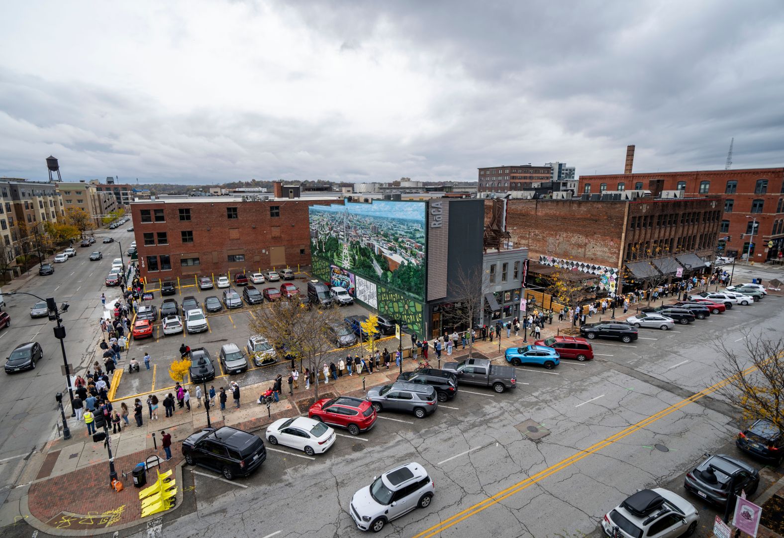 A line for early voting stretches around a block in Des Moines, Iowa, on Monday. Some people said they waited more than two hours to cast their ballot.