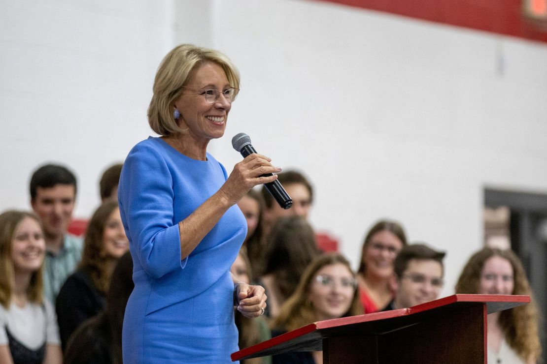 Former US education secretary Betsy DeVos speaks at Lutheran Northwest High School in Rochester Hills on May 17, 2022.