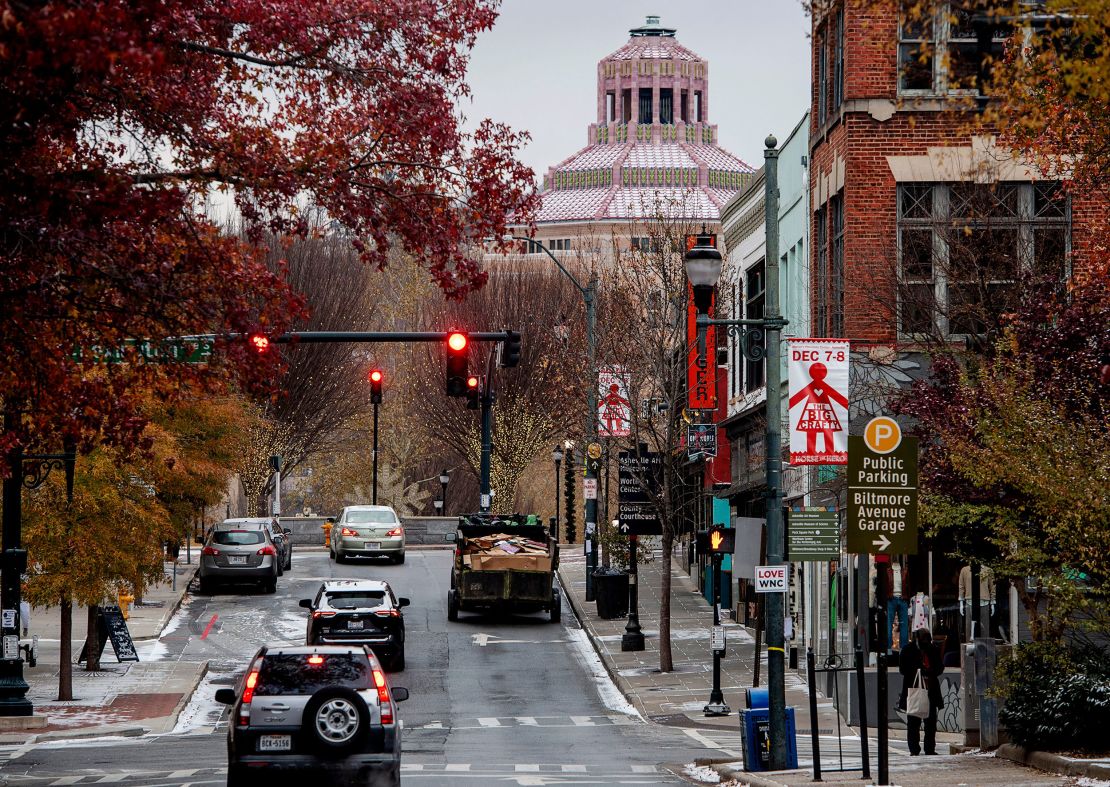 Patton Avenue in downtown Asheville is dusted in snow, on December 3, 2024.