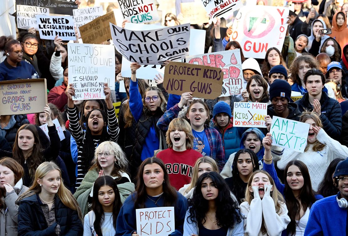 Students protest during a â€œRally For Antiochâ€ at the Tennessee State Capitol on January 27, following a shooting at Antioch High School near Nashville, Tennessee.