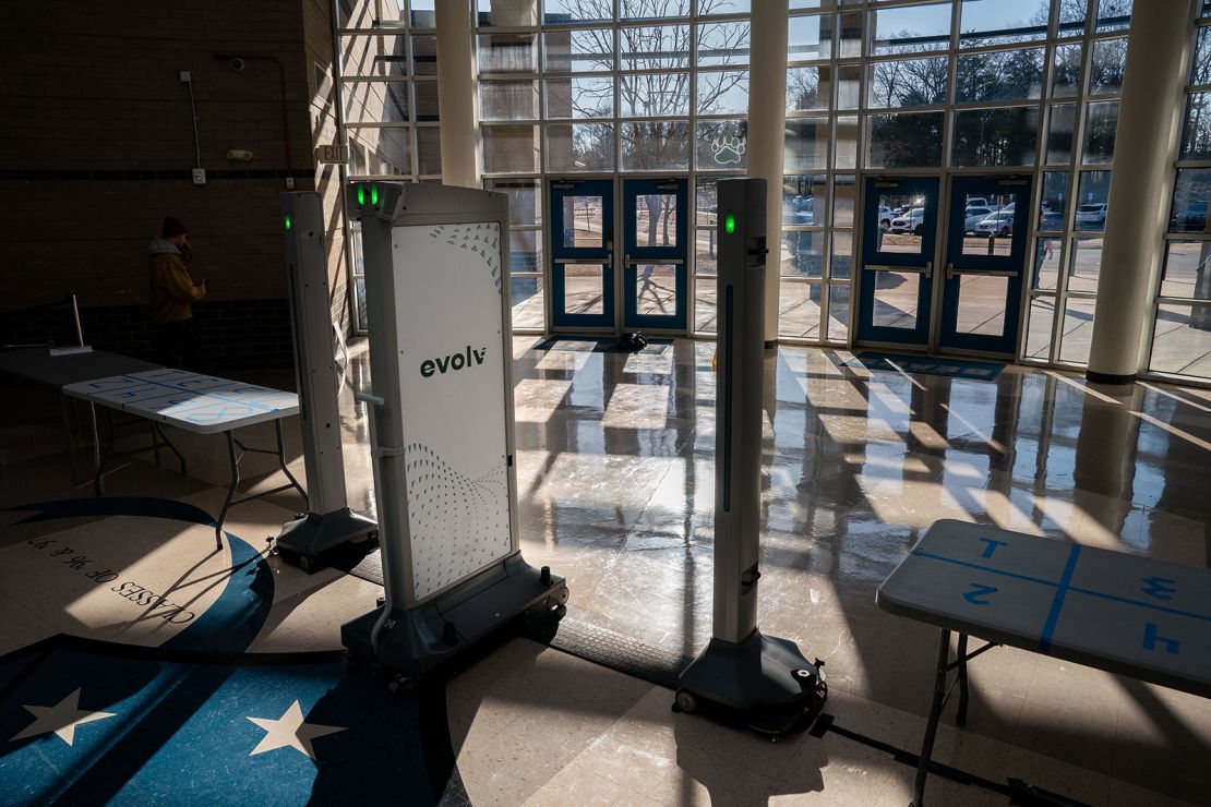 Scanners from the security firm Evolv Technologies are seen at the main entrance of Antioch High School in Antioch, Tennessee.