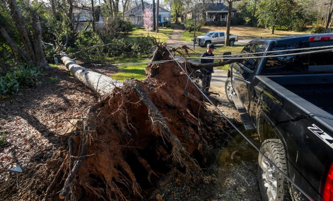 Jordan Creel revisa su camión junto a un gran árbol caído en el vecindario de Cloverdale en Montgomery, Alabama, el domingo.