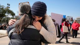 Summer Willis, right, a survivor of sexual assault, hugs Paulina Pizarro at a rally in support of domestic and sexual assault survivors at the Capitol Thursday February 20, 2025. Survivors of violence and advocates with The Texas Council on Family Violence and The Texas Association Against Sexual Assault rallied to push for policy and funding items during the 89th Legislative Session.