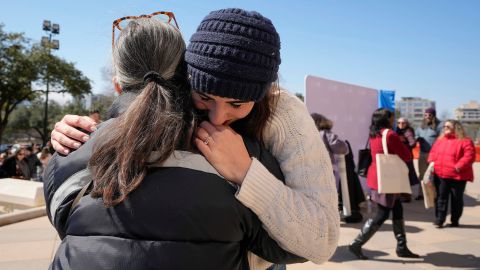 Summer Willis, right, a survivor of sexual assault, hugs Paulina Pizarro at a rally in support of domestic and sexual assault survivors at the Capitol Thursday February 20, 2025. Survivors of violence and advocates with The Texas Council on Family Violence and The Texas Association Against Sexual Assault rallied to push for policy and funding items during the 89th Legislative Session.