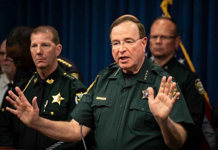 Polk Sheriff Grady Judd speaks during a press conference at the Polk County Sheriff's Operation Center on February 24, in Winter Haven, Florida.
